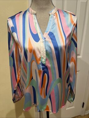 Ellison Multi-Color Wave Print Blouse in Blue, Pink, Orange, Green